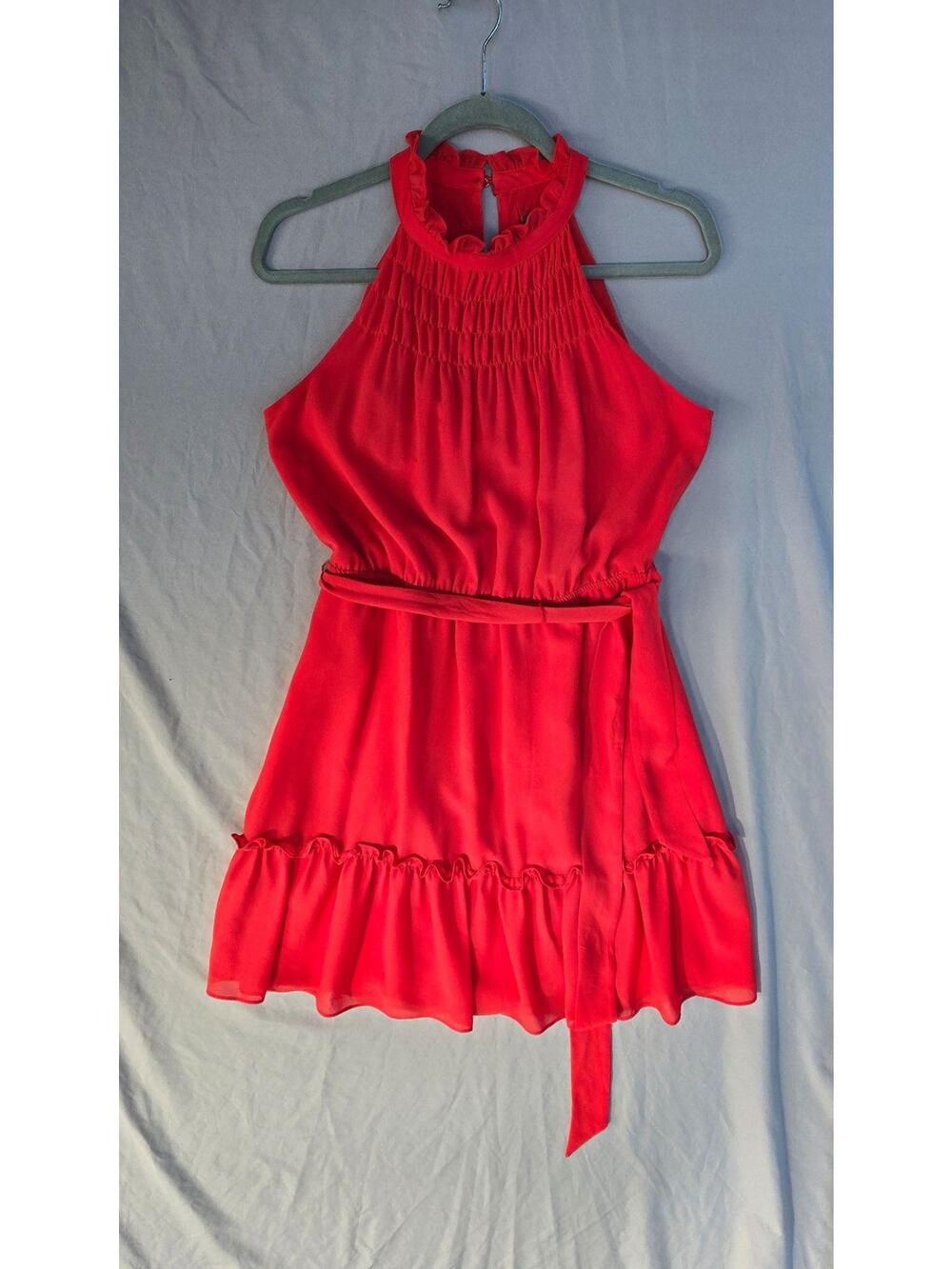Vince Camuto Dress Womens 6 Red Halter Ruffle Belted Chiffon Fit & Flare Mini